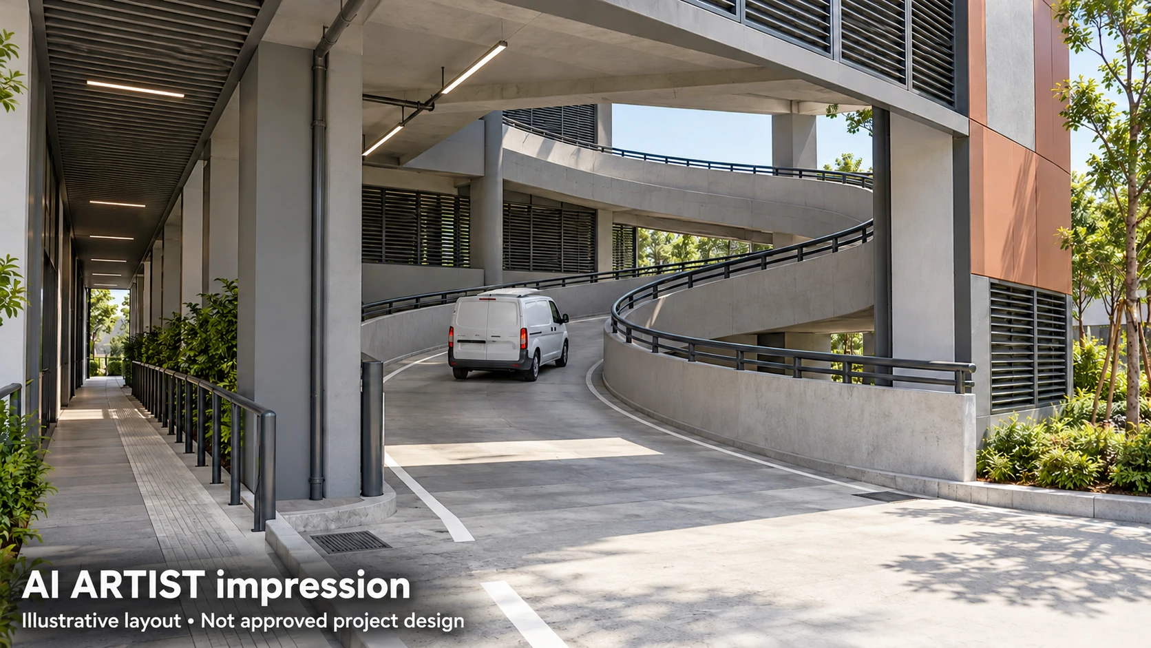 Ramp-up · Vehicle circulation concept — Fictional industrial AI concept, not Soilbuild project design